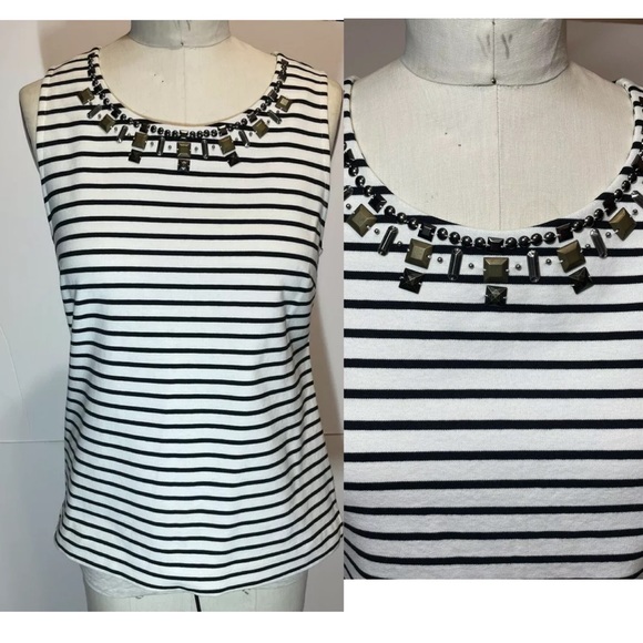 NWT J Crew Factory Women’s Sz S Shell Top W/ Rhinestone At Neck Blue White B8283 - Picture 3 of 11